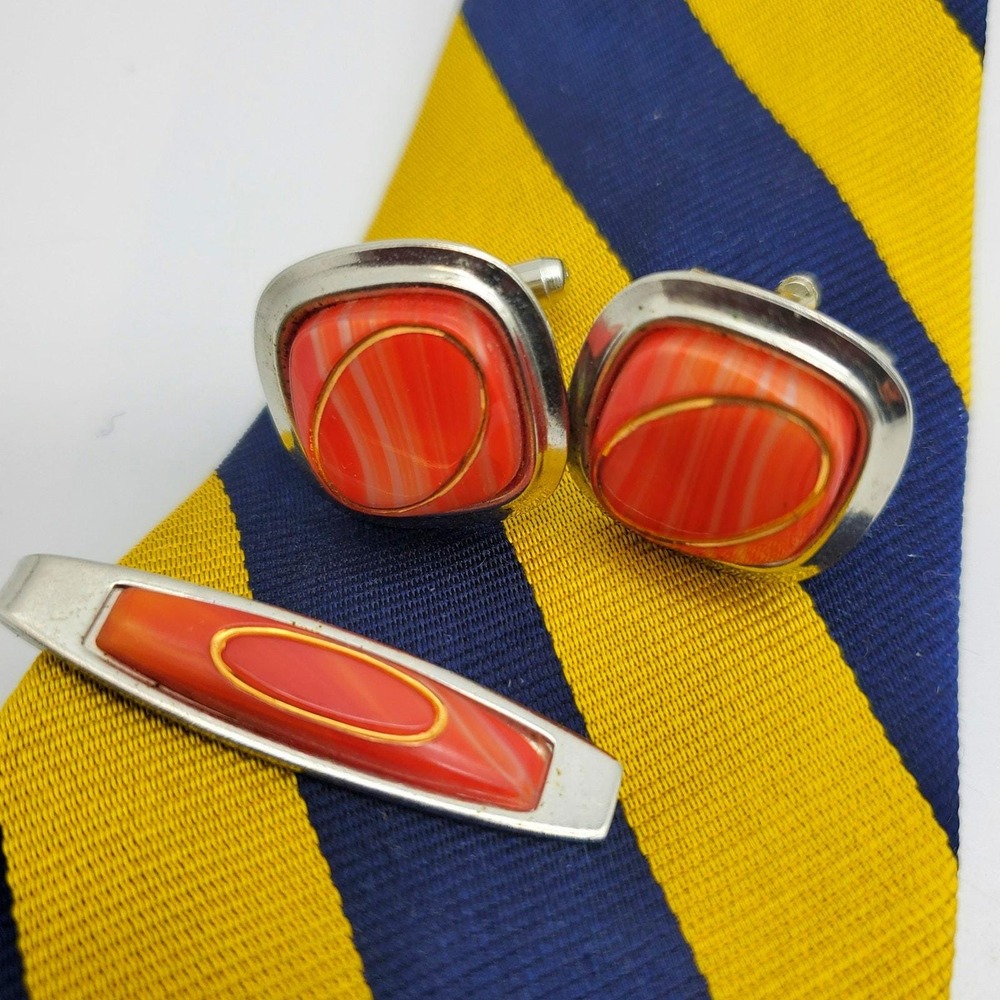 Vintage Orange Lucite Gold Swirl Cufflinks Tie Bar Set Silver Tone MCM Mens Mod
